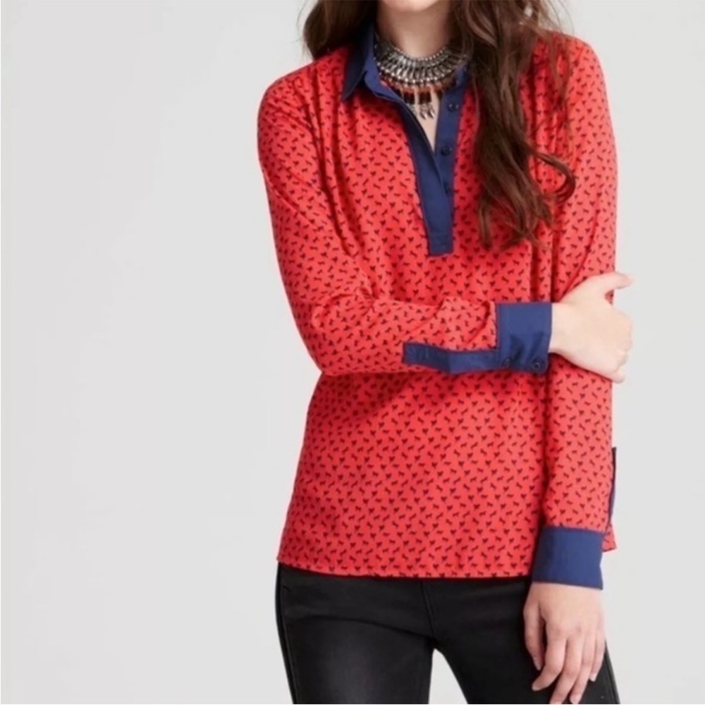 Free People Horse Print Collared Chiffon Blouse | Red/Navy size Small